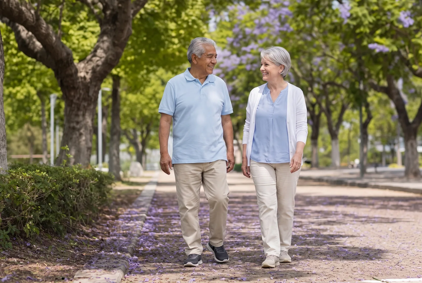 Senior couple walking comfortably together in a sunny Arcadia park